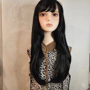 Elegant Soft Black 30” Straight Synthetic Wig w Wispy Bangs